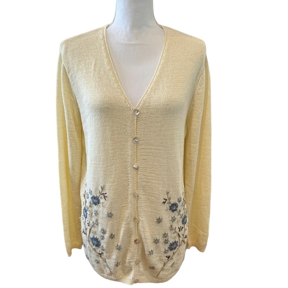 Vtg Talbots Medium Cardigan Sweater Ivory Yellow Floral Embroidered Cottagecore